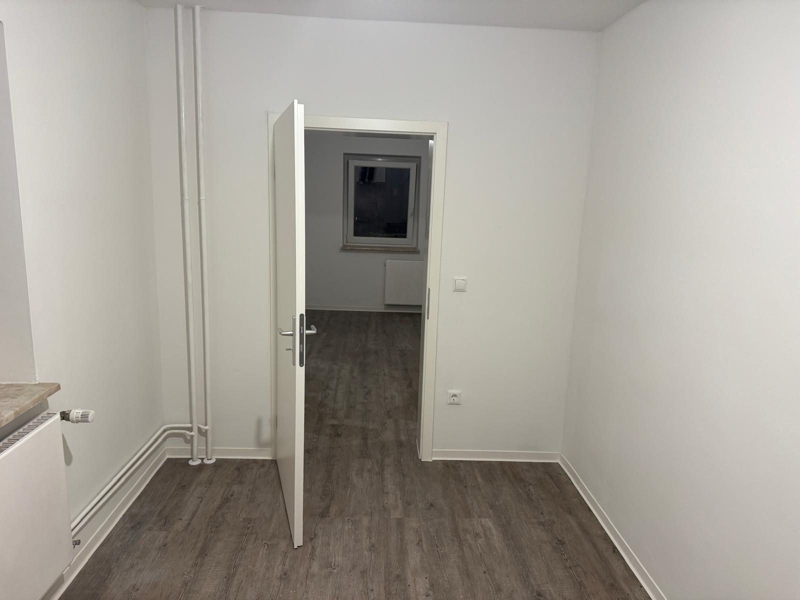 Fertig sanierter Raum mit weißen Wänden, neuer Tür und Vinylboden